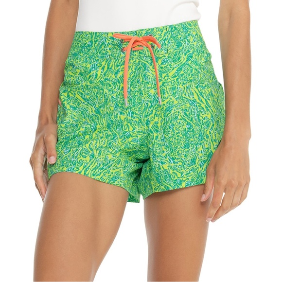 Stio Pants - Stio Green Patterned Women's Athletic Shorts with Orange Drawstring